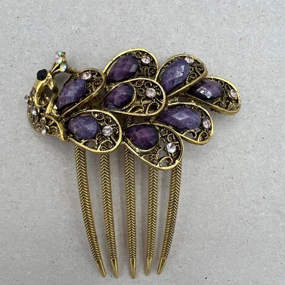 Peacock beads & Rhinestones Hair Comb purple , black and AB‎ gold tone